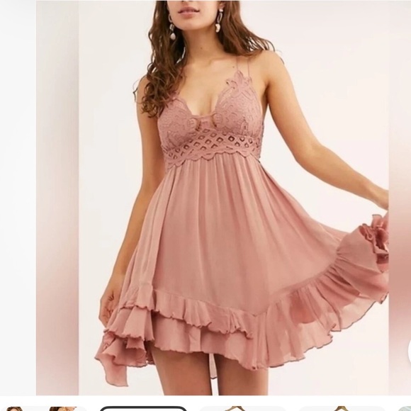 Free People Adella Lace ruffled tiered Mini slip Dress in Rose Pink M - Picture 2 of 13
